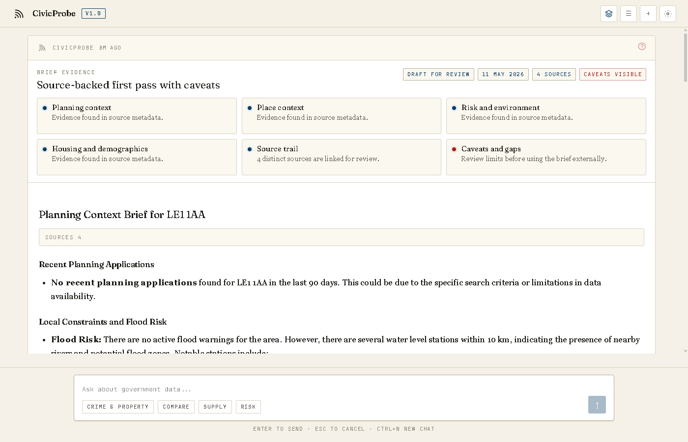 CivicProbe answer with source-backed evidence summary