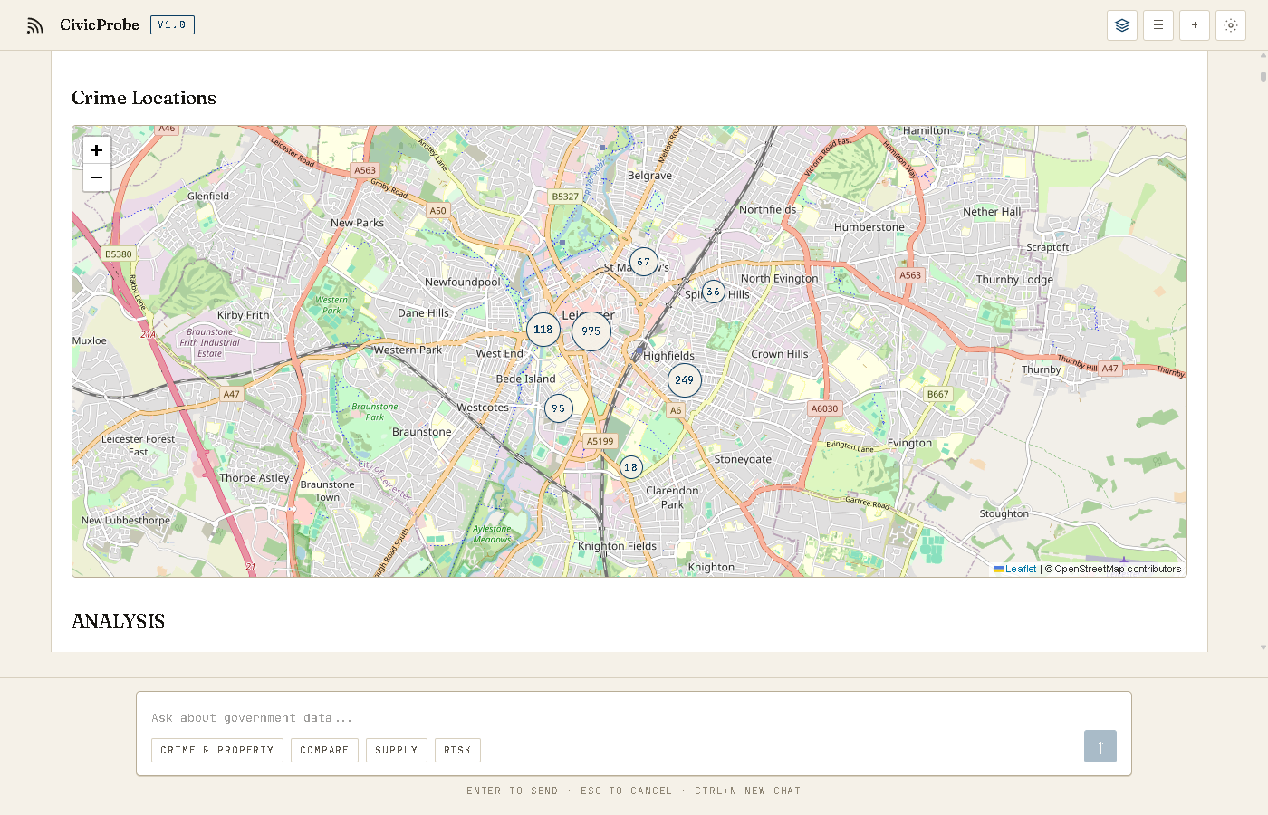 CivicProbe answer showing rendered map evidence