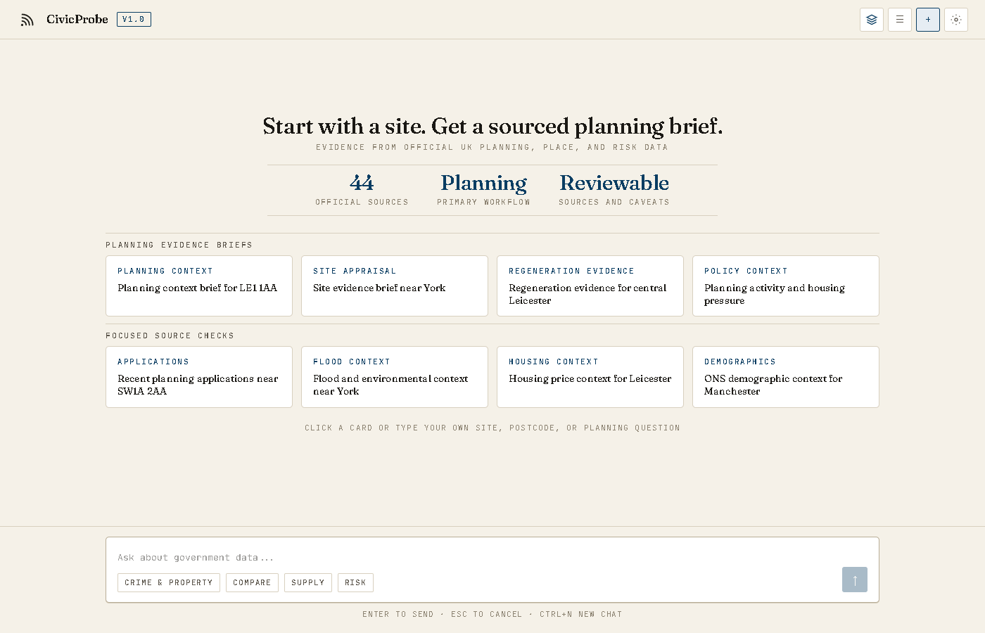 CivicProbe app with planning-focused starting prompts